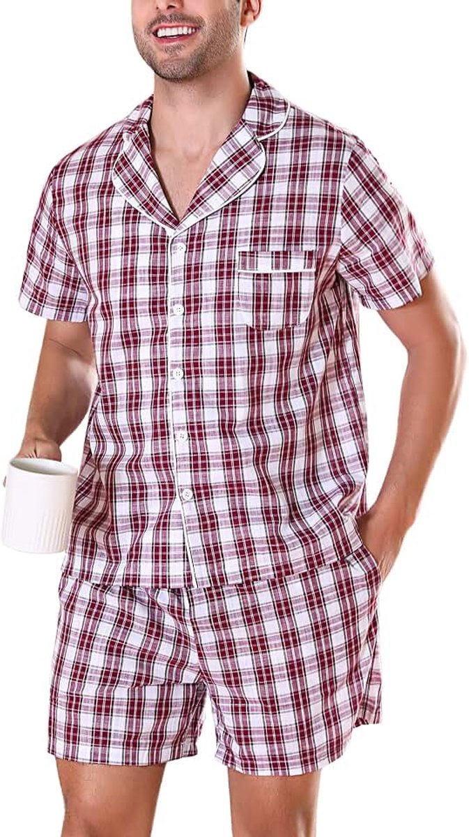 Korte zomer pyjama katoen korte mouwen mannen shorty nachtkleding met knopen slaapshorts loungewear voor zomer S-XXL, B-wijnrood, XL