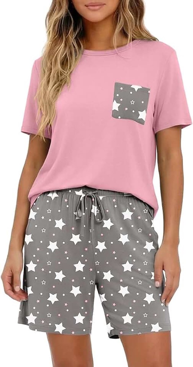 Pyjama voor dames, korte korte mouwen, pyjamaset, ronde hals, loungewear, zomer, nachtkleding, T-shirt en shorts
