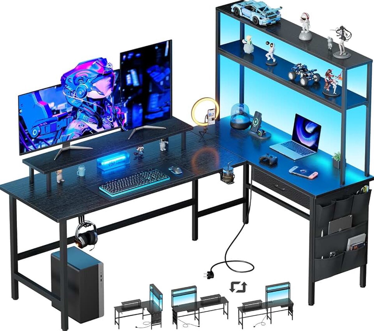L-vormig Gamingbureau met LED en Stopcontacten, 150 x 100 cm, Zwart | Omkeerbaar, Monitorstandaard, Opbergplanken Planken, Hoofdtelefoonhaak, Bekerhouder voor Gaming, Thuiskantoor