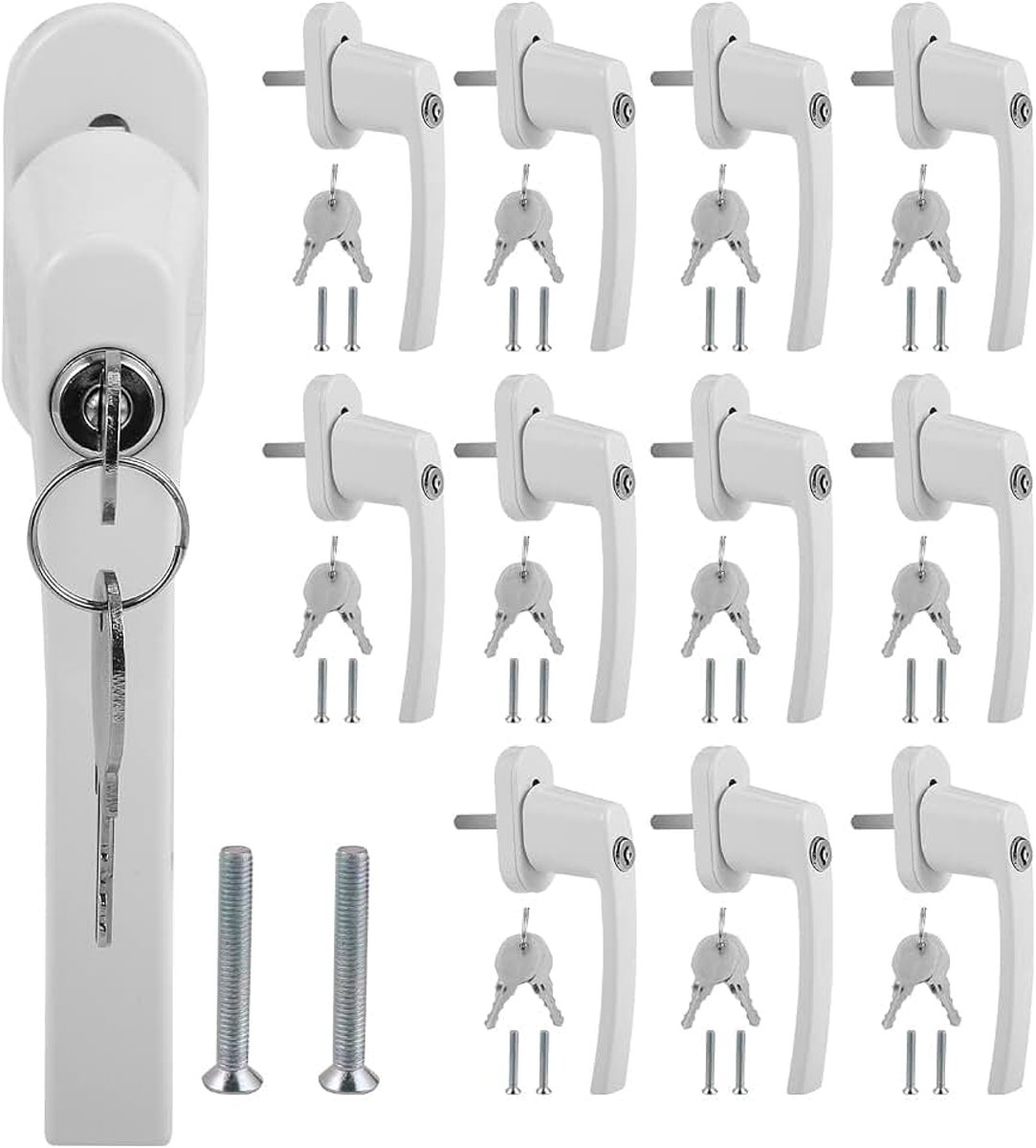 Afsluitbare raamgreep, 12 stuks, wit, vensterklink, aluminium gekanteld en gesloten toestand, incl. 24 sleutels met slot in stiftlengte 35 cm