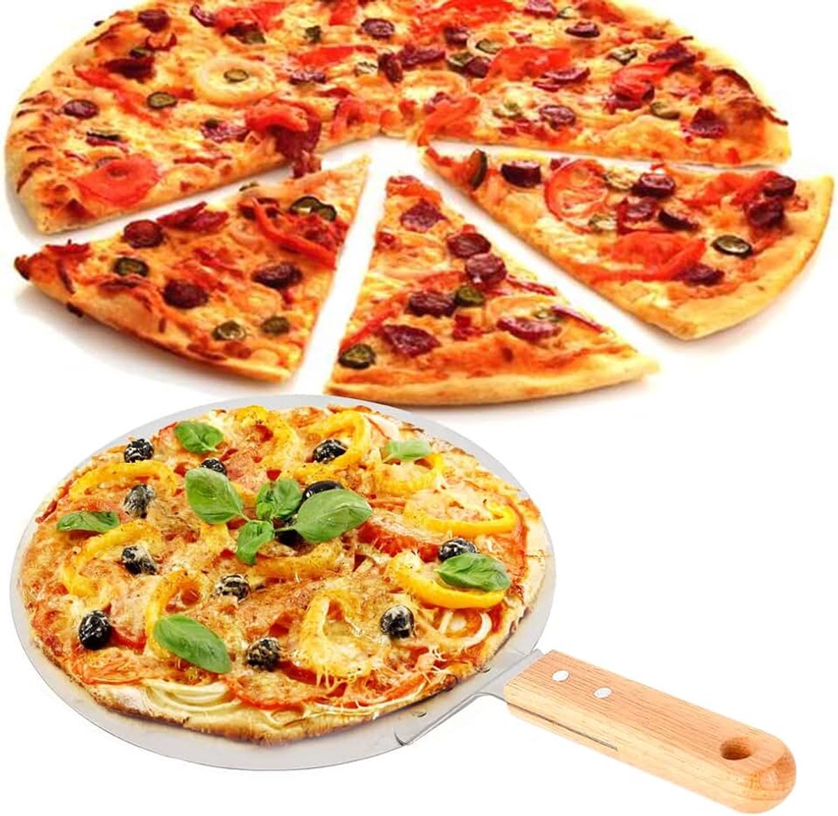43,5 cm roestvrijstalen pizzaschep, pizzaspatel met houten handvat, pizzaschuiver, cake, broodgereedschap