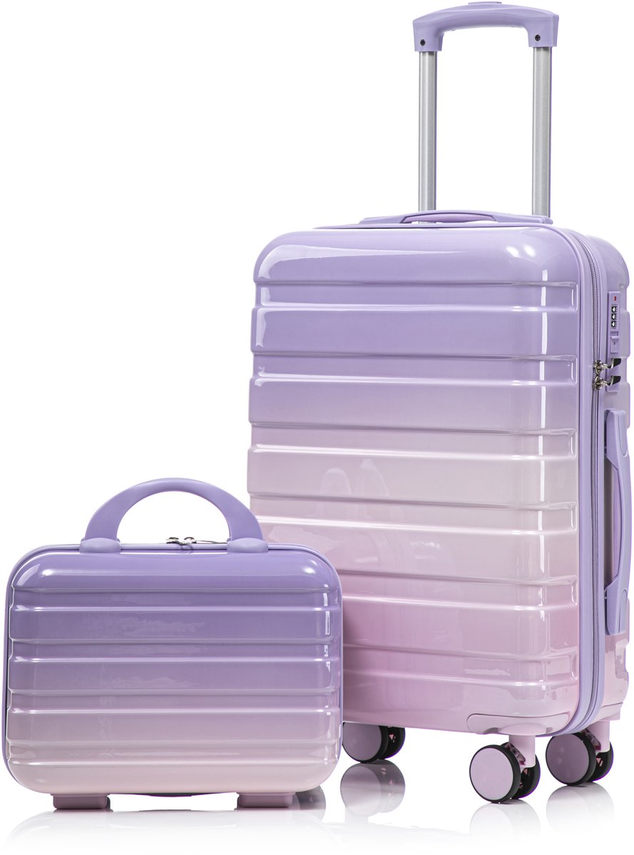 Kofferset - Hardcase Koffer - Spinner Koffer met Cijferslot - Beautycase - Handbagage - Reiskoffer - 20 Inch en 14 Inch - Paars