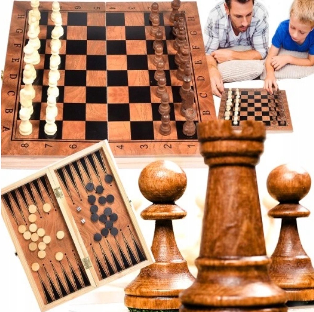 Houten Schaakspel 3-in-1: Schaken, Dammen & Backgammon 35x35cm