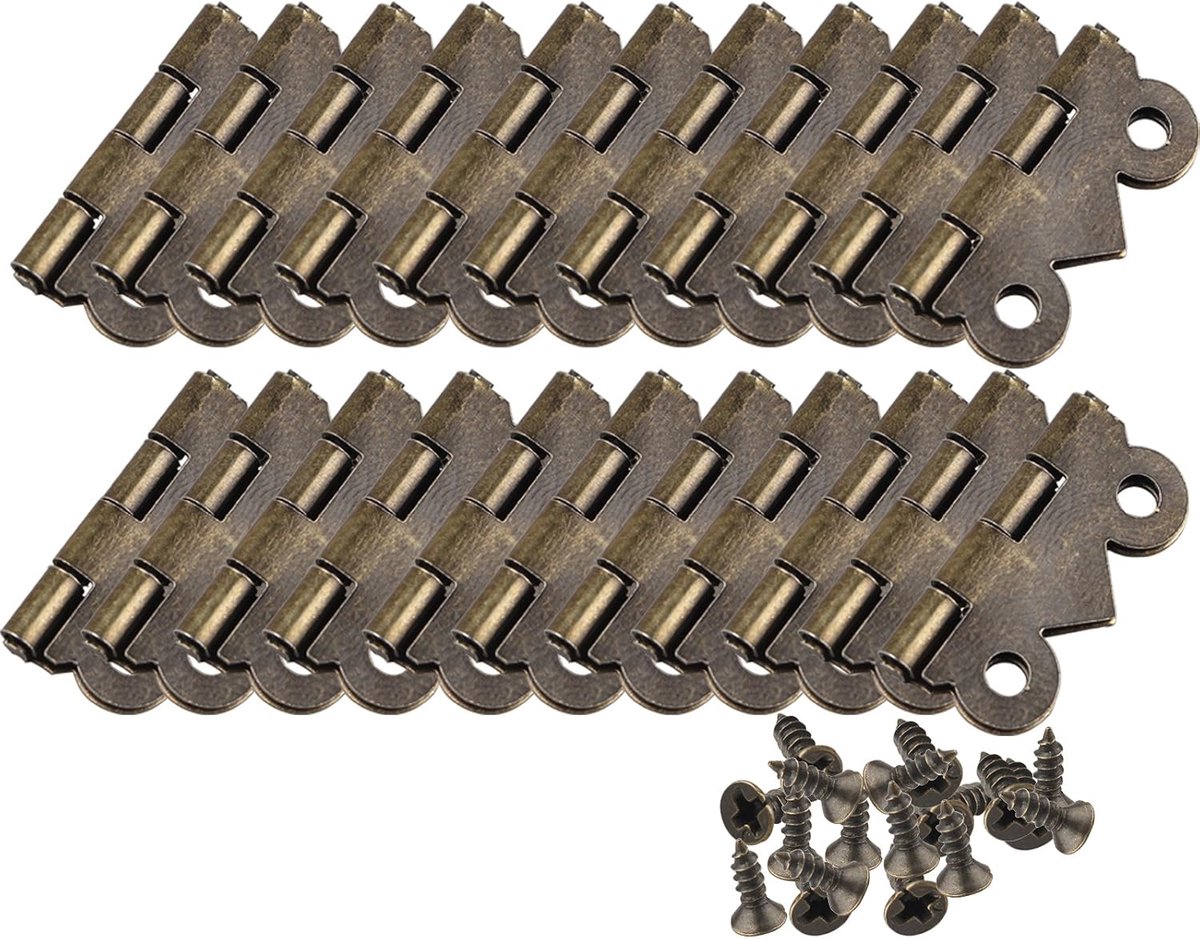 Scharnieren voor kasten, laden, dozen en juwelenkistjes, vintage-look in antiek brons, knutselaccessoires, decoratief, 2 x 1,7 cm, 20 stuks, met 80 reserveschroeven