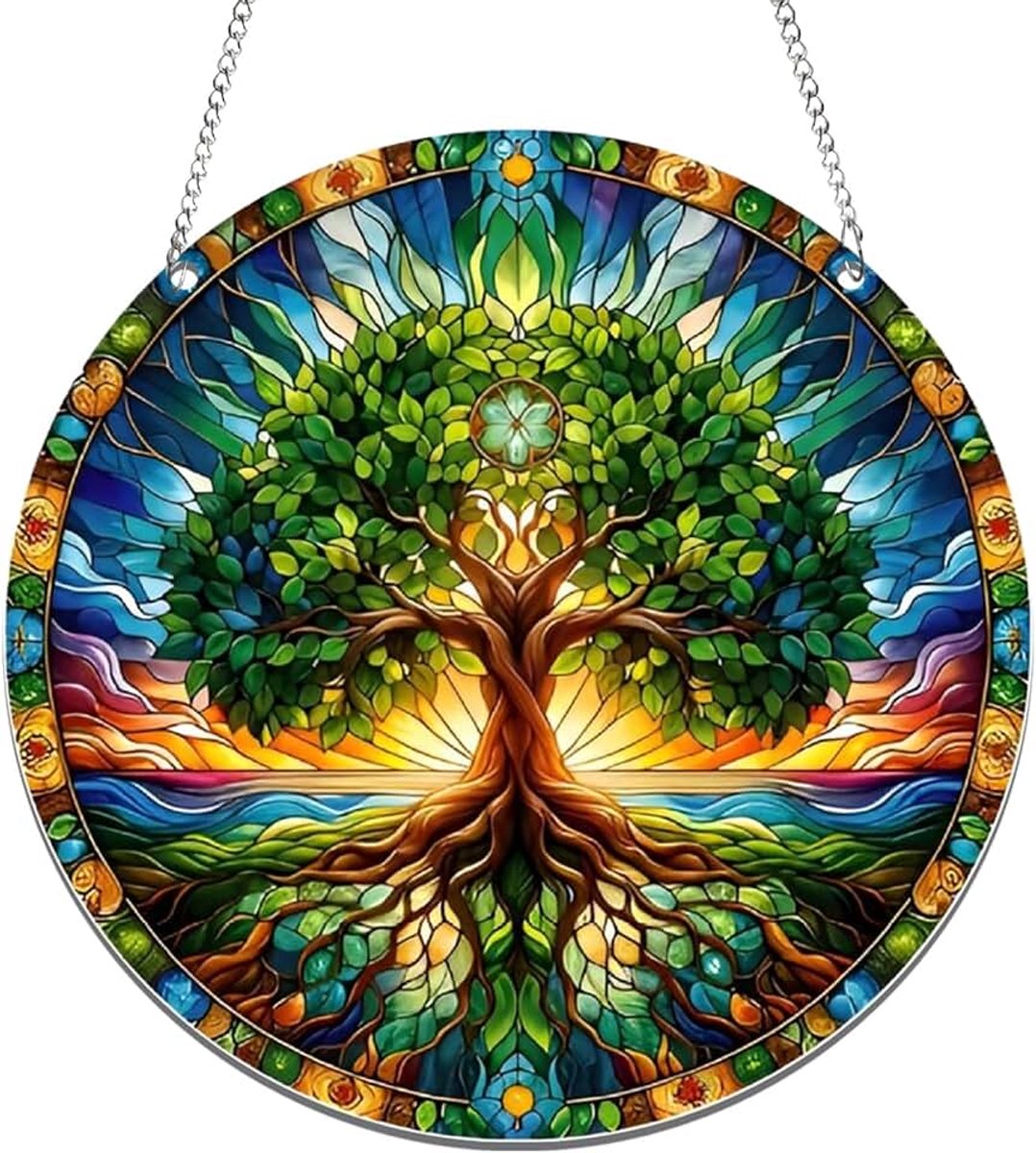 Zonnevanger 20 x 20 cm, groene boom raam zon vangers acryl, levendige hangende tuin zonnevanger met ketting voor thuis buiten muur slaapkamer woonkamer balkon decor