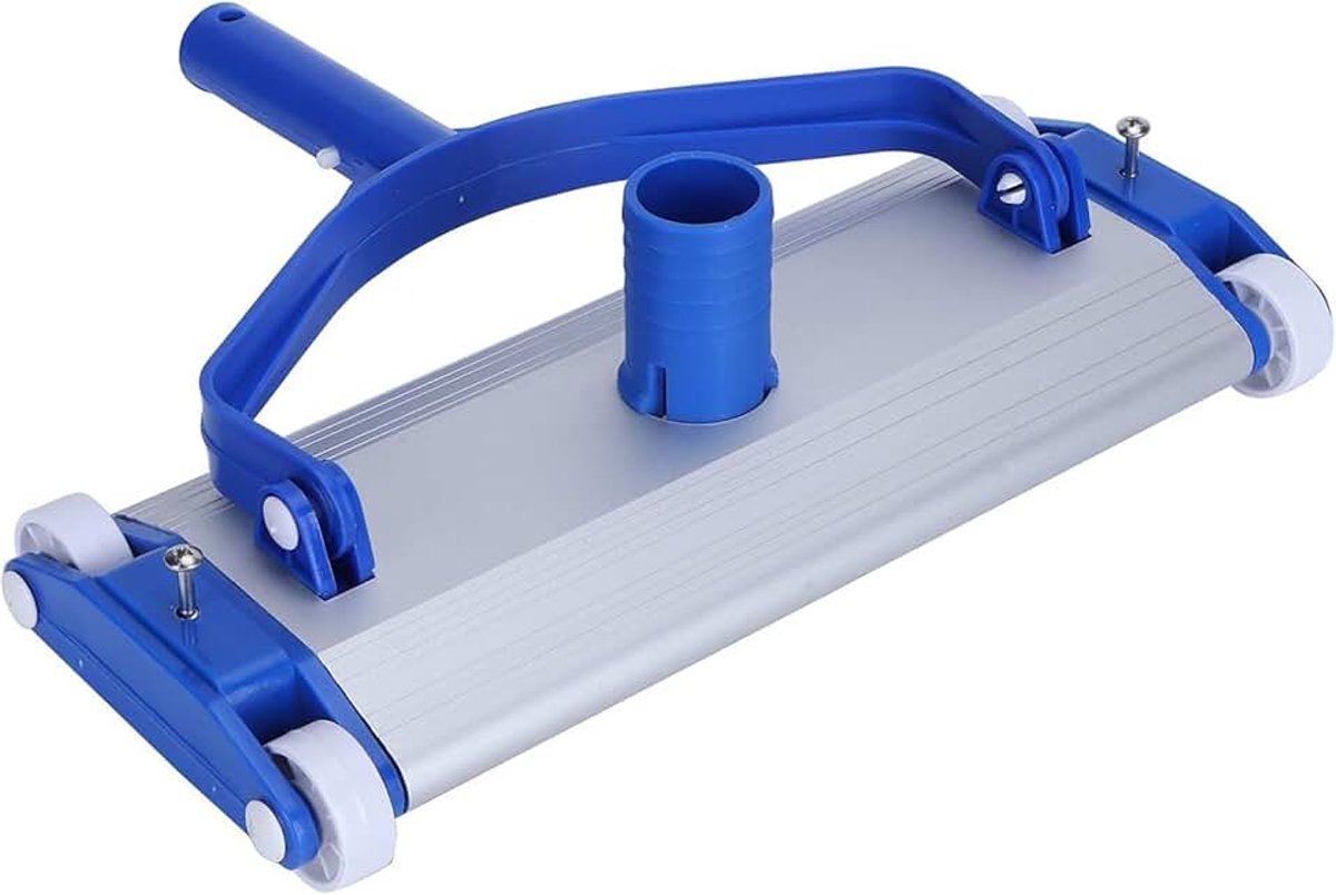 Aluminium zwembadreiniger met vier wielen en sleepborstel, aansluiting op zuigslang Ø38 mm, lengte 45 cm.
