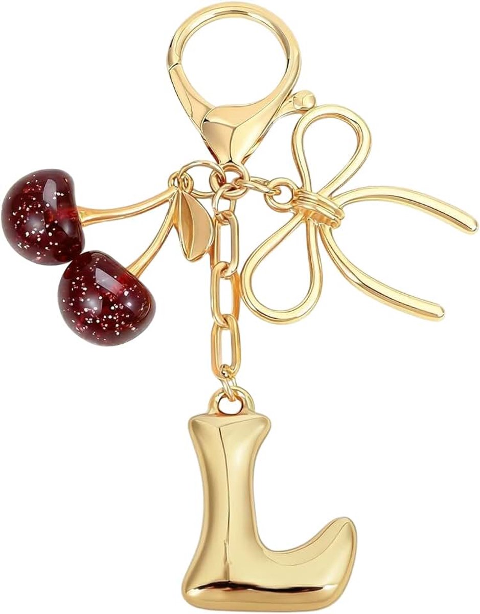 Kersenhart Sleutelhanger, Liefelijke Strik, Gouden Tasaccessoire voor Dames, Roze Kersen, voor Portemonnee en Handtas