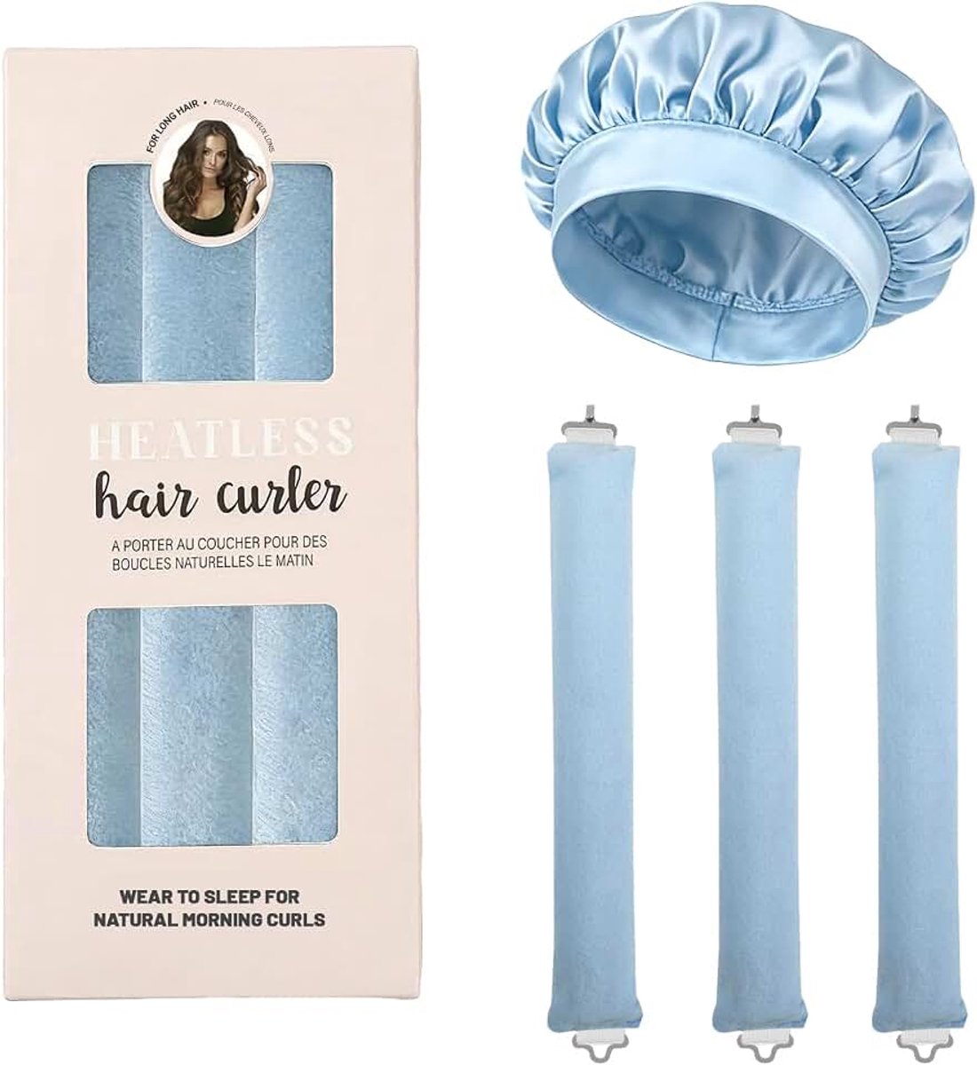 Warmtevrije Krulstaven 3 stuks, haarrollers zonder warmte met satijnen muts, flexibele staven, blauw verpakt