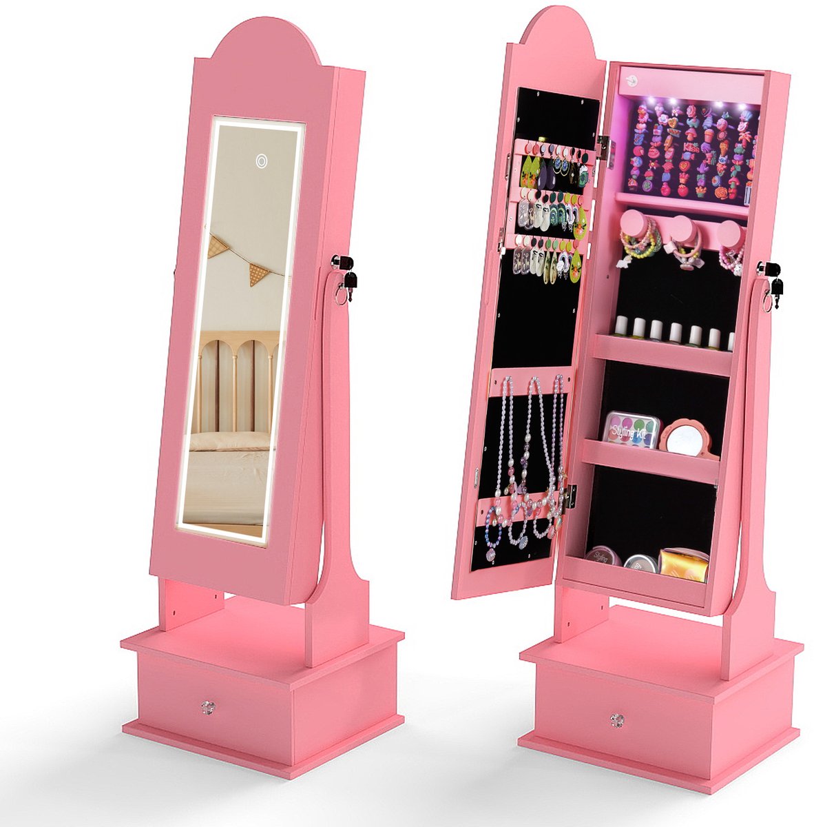 COSTWAY Sieradenkast voor kinderen, 2-in-1 spiegelkast, afsluitbaar, met 3 gekleurde full-body spiegel, 4 ledlampen en lade, sieradenorganizer, kantelbaar, voor kinderkamer (roze)