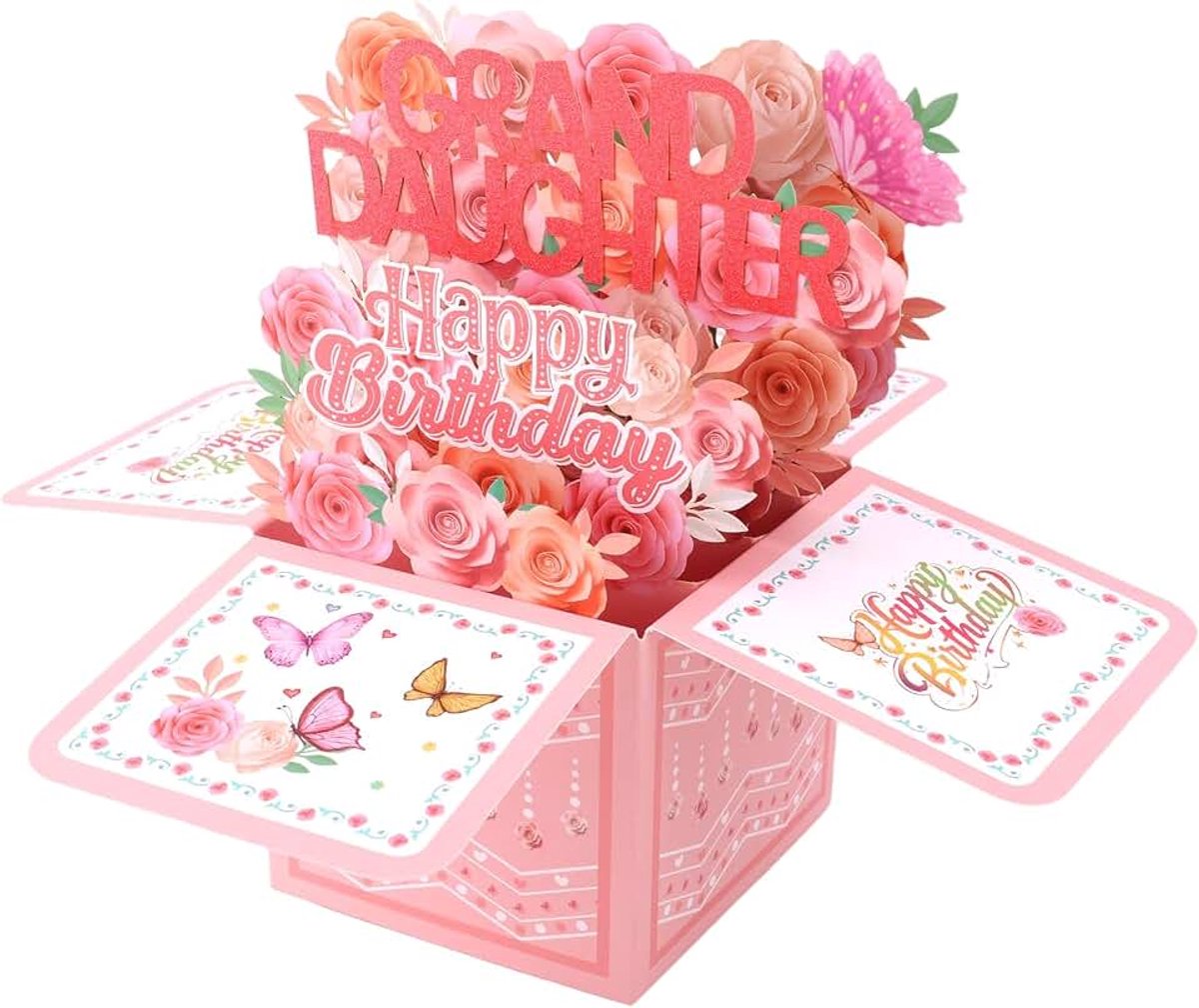 Verjaardagskaart voor Kleindochter, Bloemen 3D Verjaardagspop-Upkaart met Veelkleurige Rozen en Vlinderpatronen voor Kleinzoon Kleindochter Cadeau