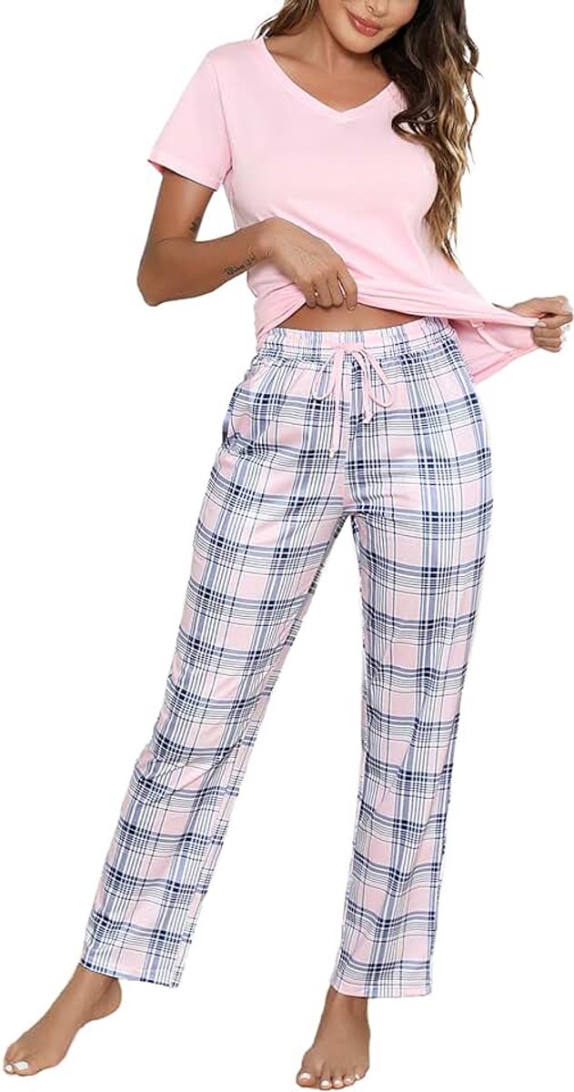 Damespyjama-set met korte mouwen, katoenen pyjama, loungewear, zachte nachtkleding, nachtkleding, set met zakken