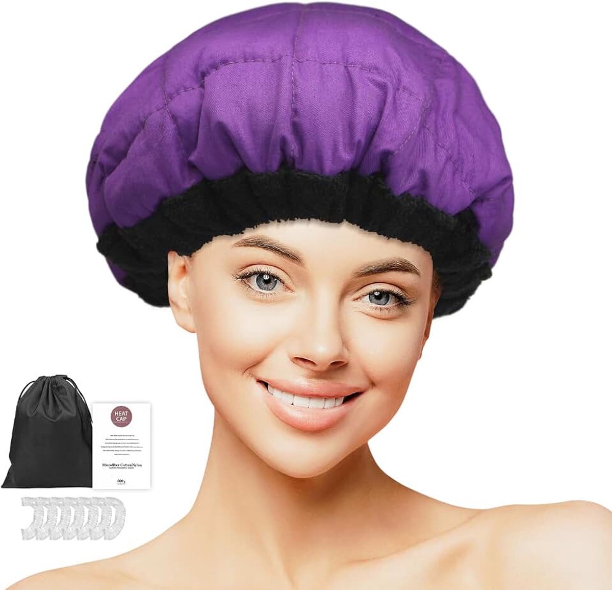 Conditionerende thermische muts, MQUPIN magnetronbestendige thermische muts 100% natuurlijk lijnzaad voor het stomen van haarstyling en stoomkap voor haarverzorgingstherapie met 10 wegwerpdouchekapjes (paars)