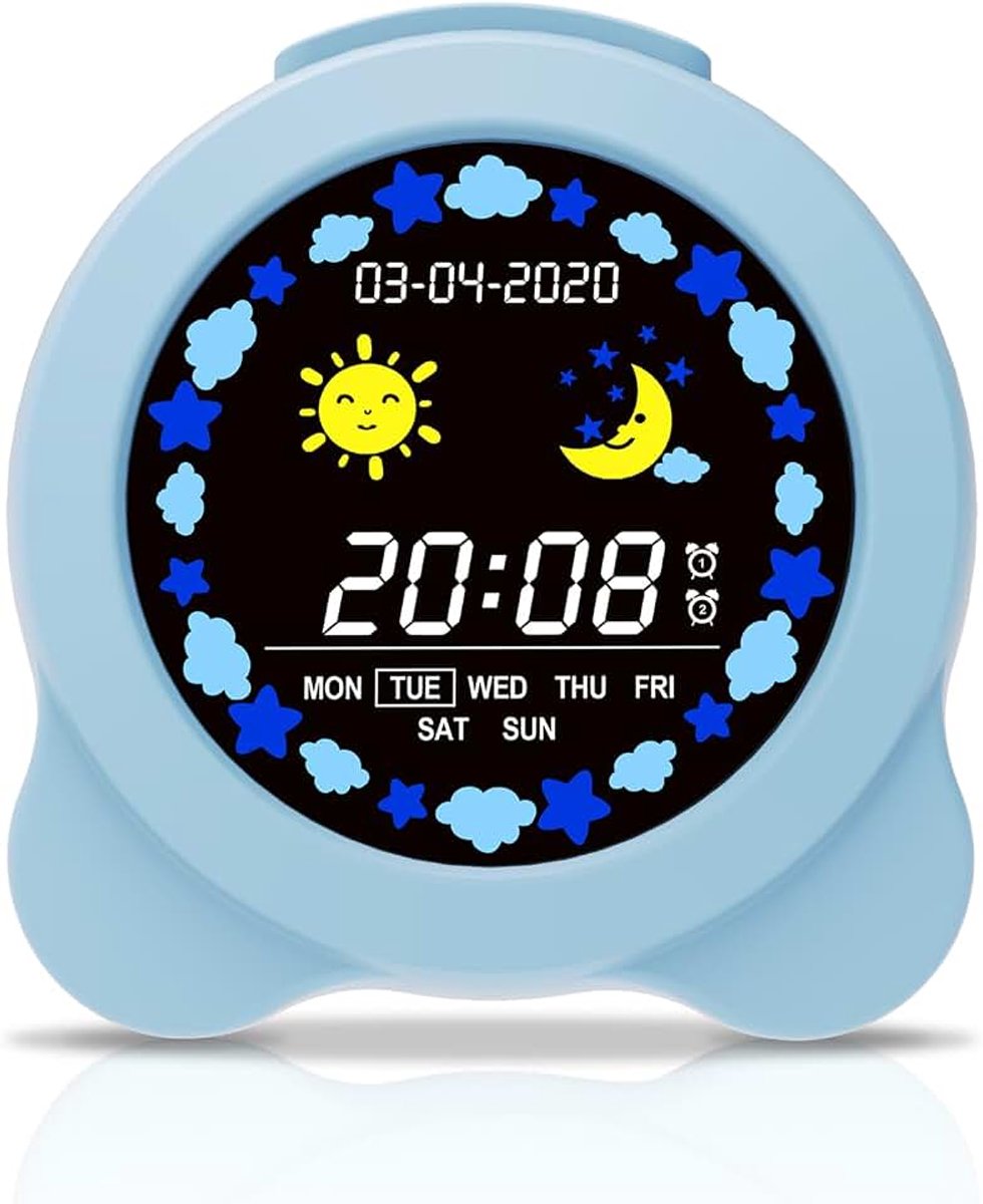 Kinderwekker voor slaaptraining met lcd-display, dag- en nachtmodi | Digitale wekker voor kinderen, slaaptrainer voor kinderen, 6 alarmtonen, USB-voeding (blauw)