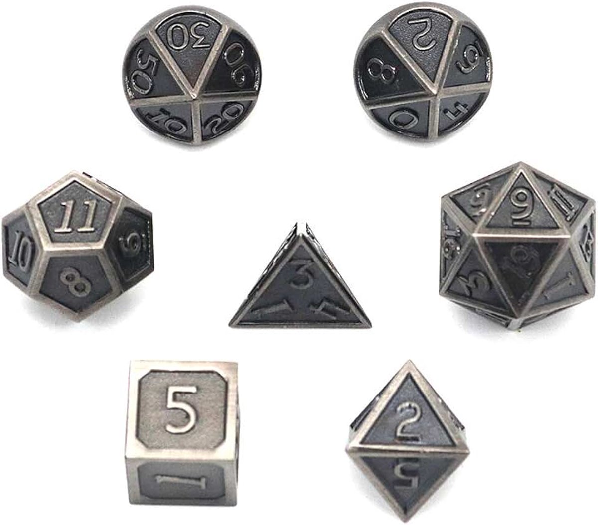 7 stuks DND spel polyedrische D & D dobbelstenen set van massief metaal met opbergtas en zinklegering met email voor rollenspel dungeons en draken (geplateerd zilver)
