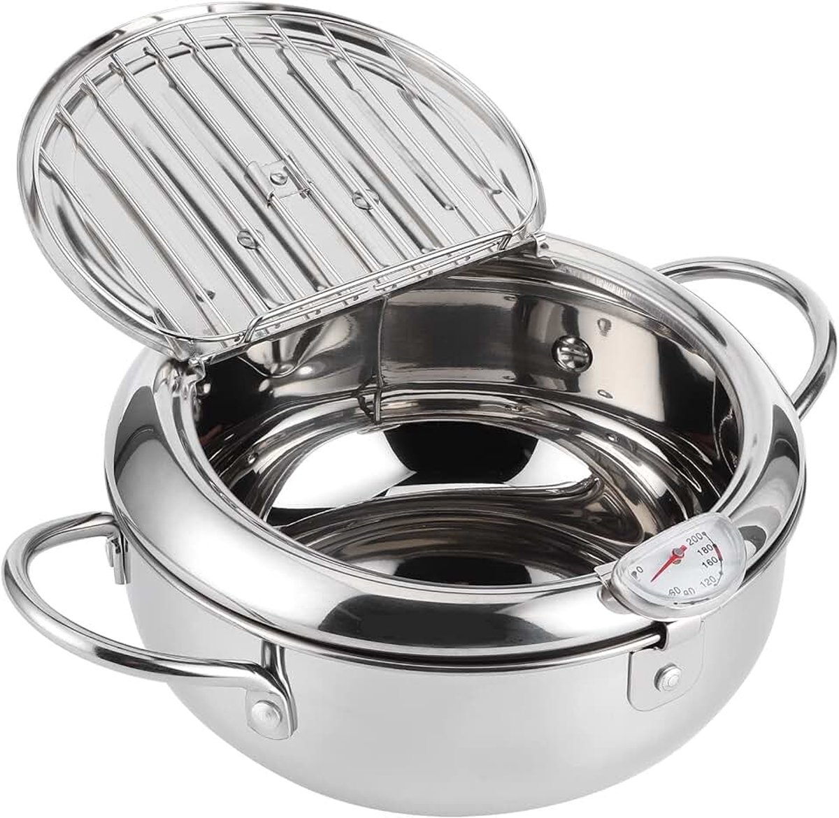 Frituurpan Japanse Stijl, Mini-friteuse van Roestvrij Staal met Thermometer, 24 cm, voor Gas-, Inductie- en Elektrische Fornuizen