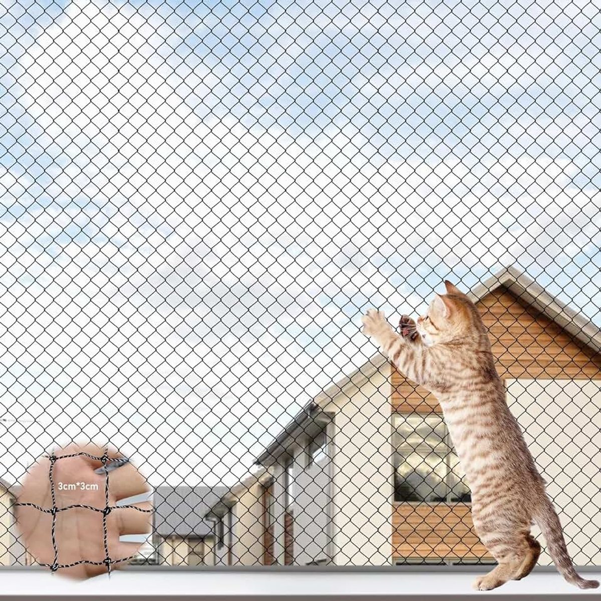 Kattennet voor balkon, 6 x 3 m, draadversterkt, kattenbeschermingsnet, balkonnet voor katten, met 19 m bevestigingskoord en accessoires, beschermingsnet voor katten voor balkons, trappen, ramen