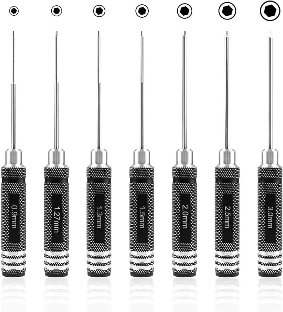 7 stuks zeskantschroevendraaier, RC schroevendraaier gereedschapsset (0,9 mm 1,27 mm 1,3 mm 1,5 mm 2,0 mm 2,5 mm 3,0 mm) voor RC model helikopter