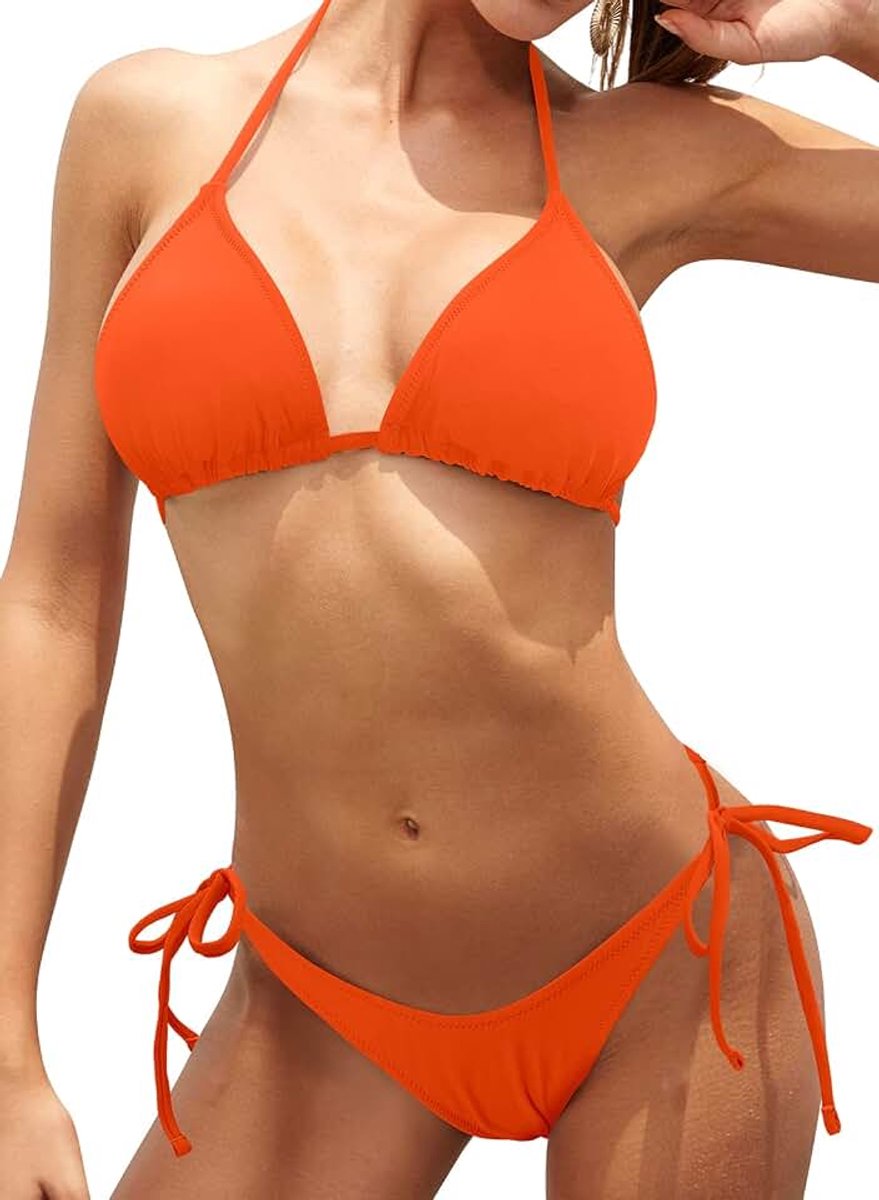Dames Tweedelige Bikini Set Triangle Verstelbaar Bikini Neckholder Bovendeel met Triangle Ruched Bikinibroekje Strandbikini