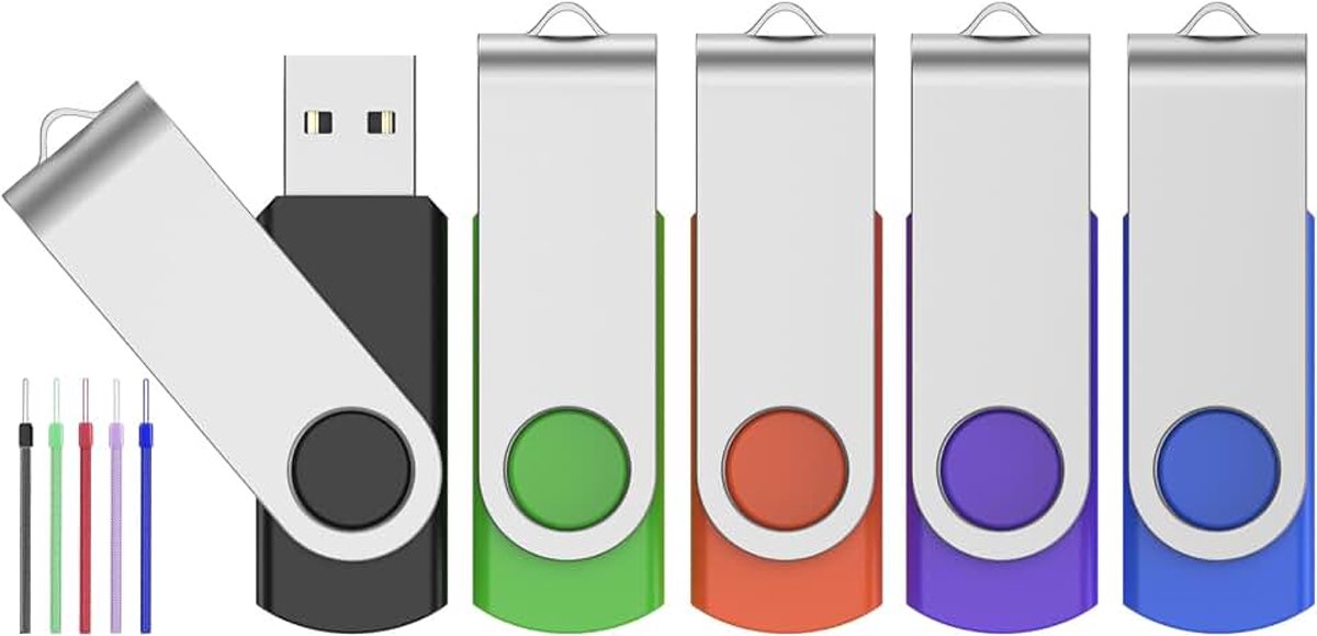 USB-stick 2.0, 1 GB, 5 stuks, pendrive, draagbaar, met lanyard, draaibaar, flashdrive, gekleurd, voor gegevens, video, foto's, audio, muziek, film