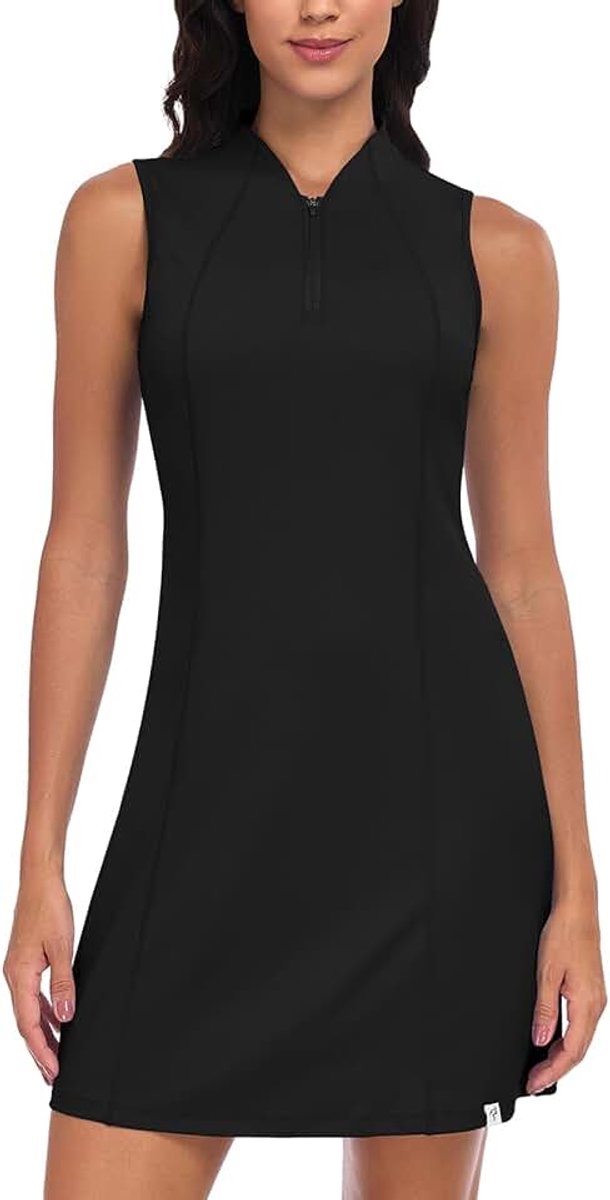 Jurken voor dames, zomer, vrijetijdsjurk, kort, mouwloos, tankjurk, tennisjurk met 1/4 ritssluiting en zakken, voor golf, dagelijks gebruik, casual