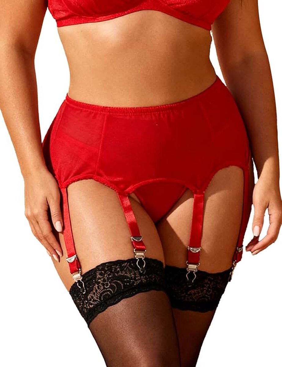 Ohmydear Jarretelgordel voor dames, breed mesh met 6 metalen kousenhouders, sexy jarreteljes, lingerieset met string, tanga, oversized, hoge taille, stretch, kousenband, transparante ondergoed