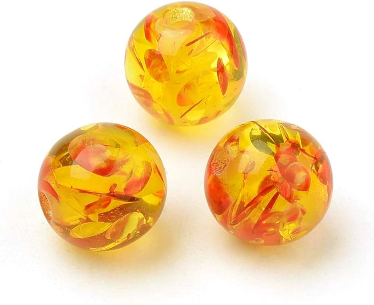 Kralen, kunsthars, 8 mm, vuurbarnsteen, kehribar, amber, met gat om te rijgen, geboord (rood, rond met bloem)