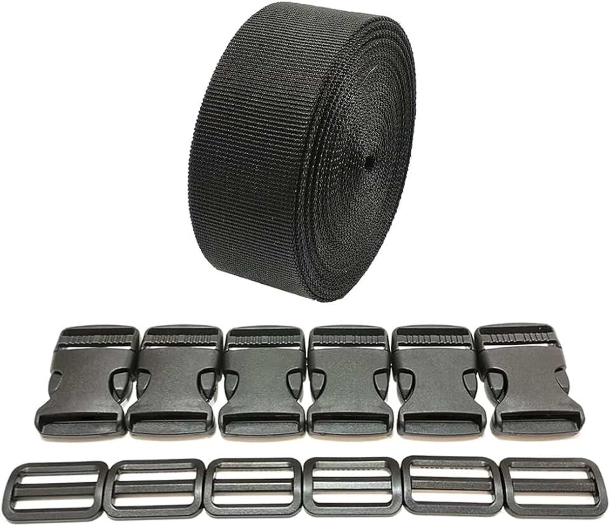 3 m x 20 mm + 12 kunststof gespen, nylon band met drukknopen, rugzakriem, bagageriem, kofferriem (20 mm, zwart 332)