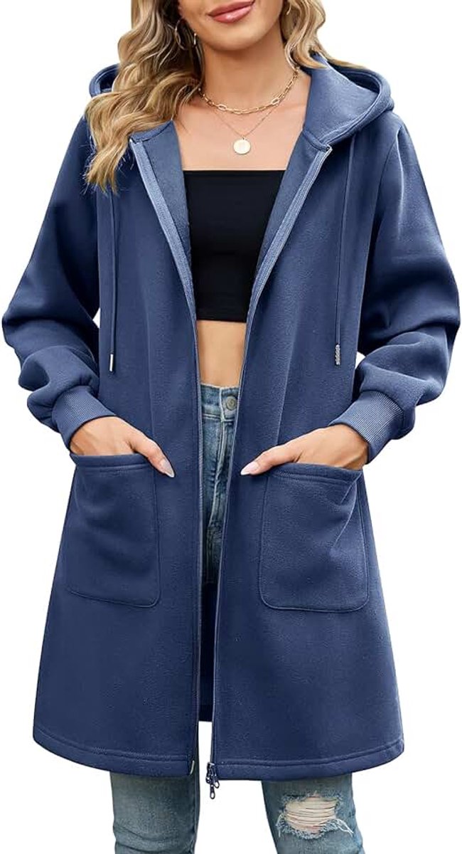 Fleecejack voor dames, sweatjack met capuchon, lange capuchon, ritssluiting, hoodie, jas, lente, herfst, lang, met capuchon, elegante overgangsjas met zakken