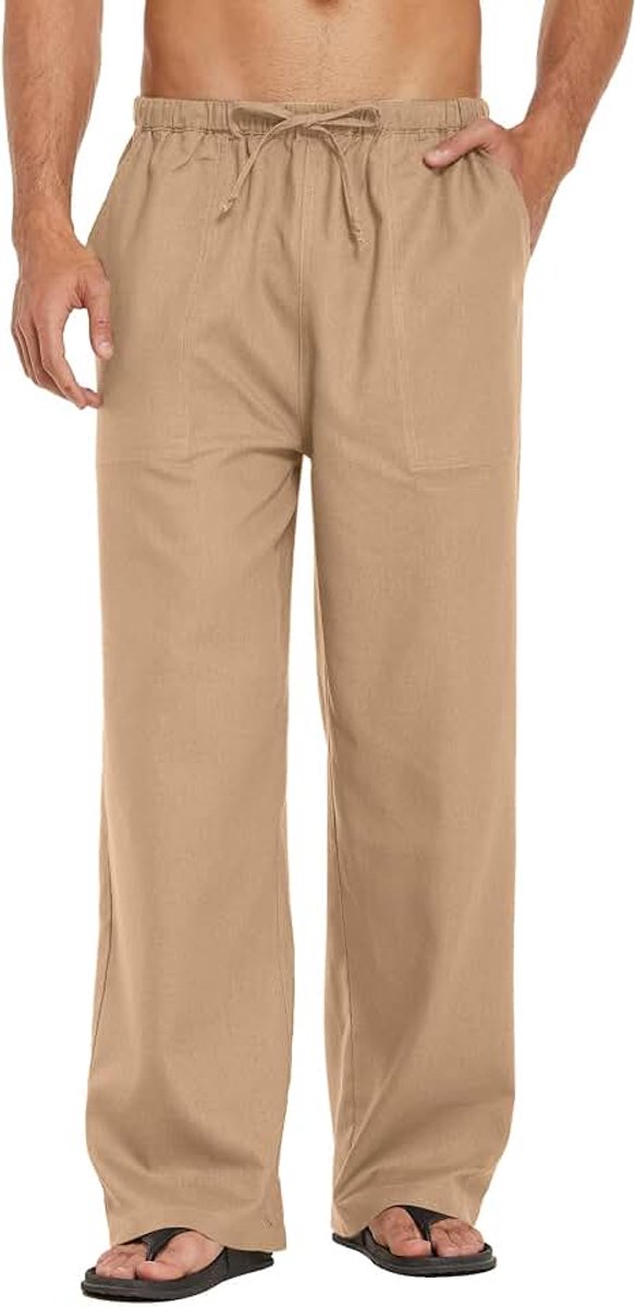 Lange linnen broek voor heren, lichte zomerbroek, strandbroek, elastische taille, yogabroek, vrijetijdsbroek met trekkoord, zakken, losse pasvorm