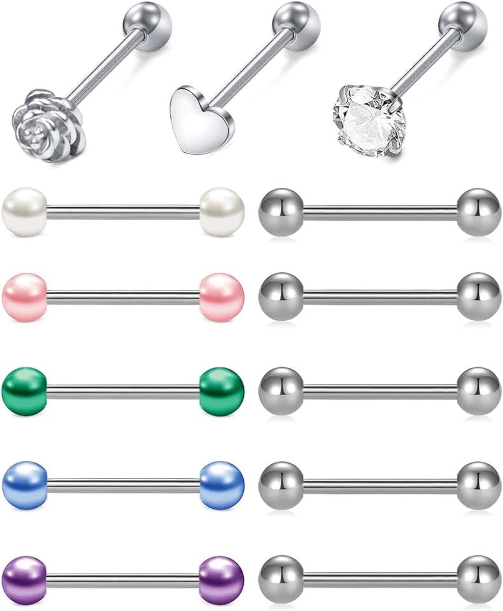 14G tong bars tepelringen set 16mm roestvrij staal rechte halter tong piercing sieraden, Roestvrij staal,