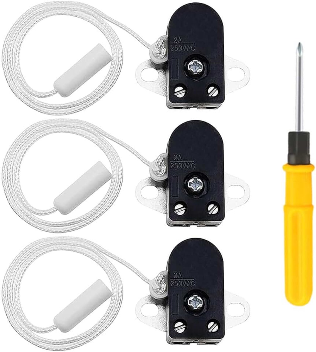 3 stuks trekschakelaars 2A 250V AC trekkoordschakelaar, zijdelingse bediening, mini-trekkoordschakelaar, inbouw-trekschakelaar voor badkamerlamp, wandlamp met schroevendraaier