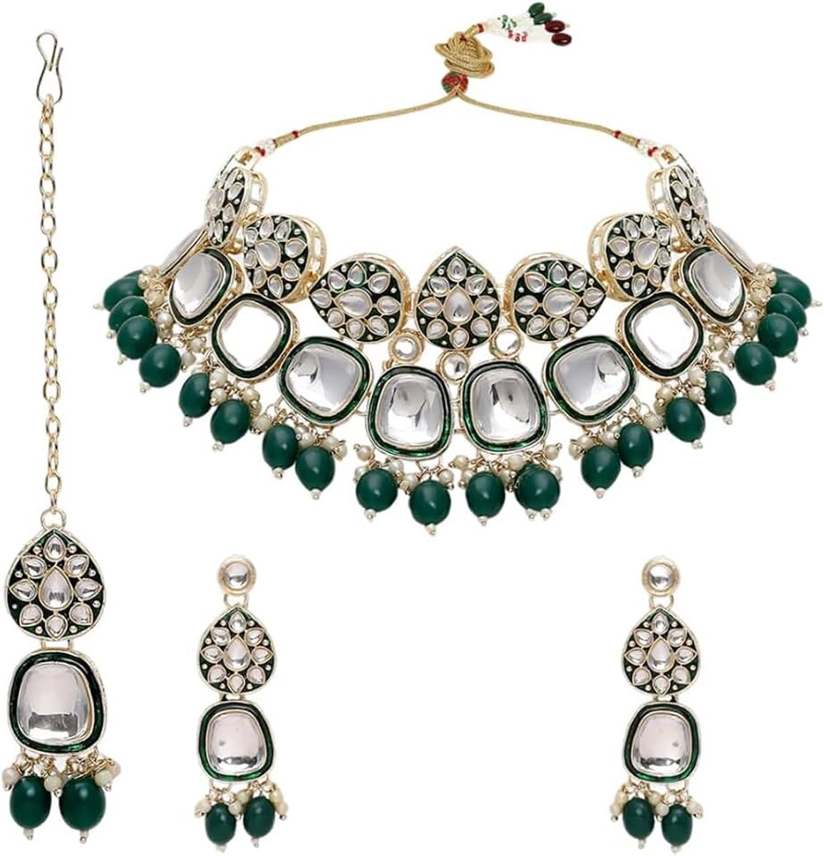 Studded & Beaded sieradenset, Kundan Studded & Beaded Jadau sieradenset, Kundan Polki sieradenset met parels en groene edelstenen, metaal, zonder edelsteen