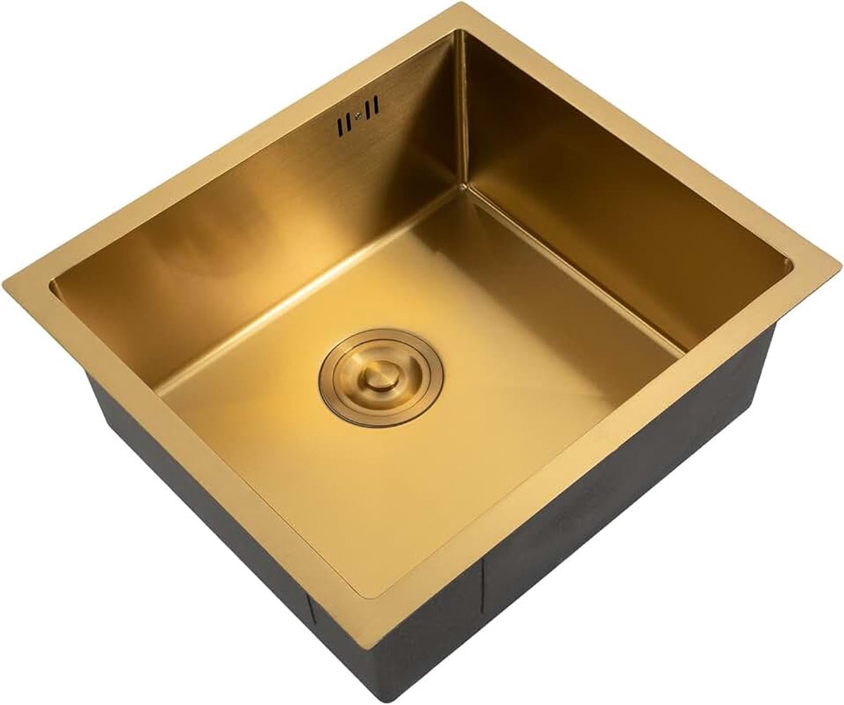 Gouden spoelbak 50 x 45 cm, inbouwspoelbak, 1 wastafel met sifon, af- en overloopgarnituur, geschikt voor opliggende inbouw of onderbouw, montage