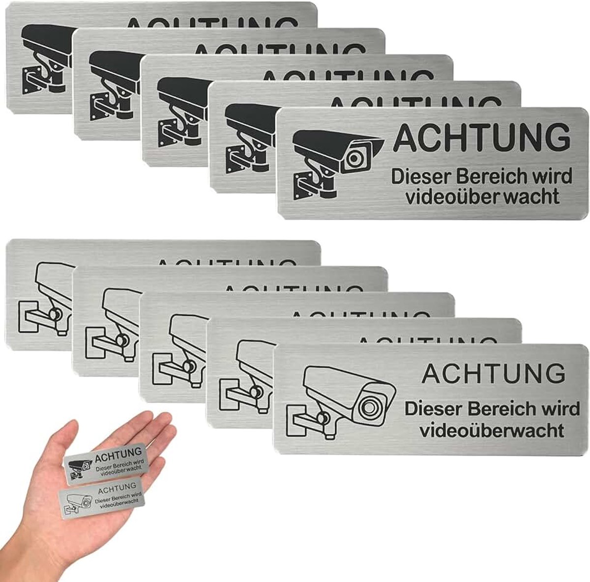 10 stuks borden "Let op videobewaking", 8,5 x 3 cm, zelfklevend bord voor videobewaking, geborsteld aluminium borden voor videobewaking, voor binnen en buiten, roestvrij, zwart en wit