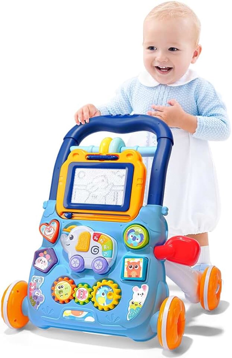 Babywandelaar, zit-naar-sta-leerwandelaar, baby entertainmenttafel vroeg onderwijs activiteitencentrum, multifunctioneel educatief duwspeelgoed voor peuters jongens meisjes, Blauw