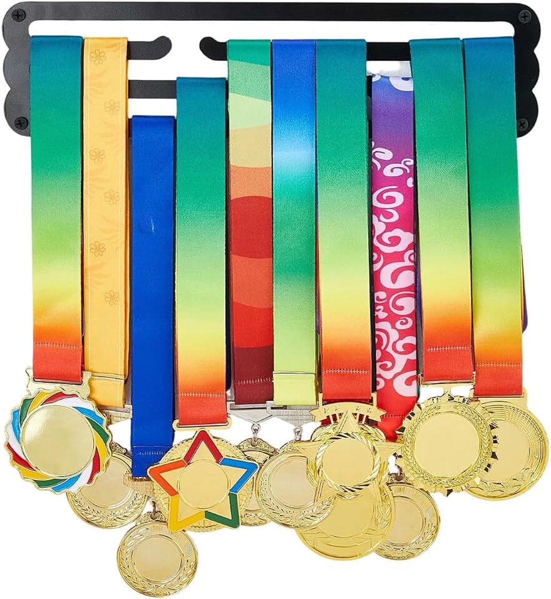 Verkeerd uitgelijnd 3 rijen metalen medaillehouder minimalistisch ontwerp medailles display hanger haken raceprijzen lint organisator muur mount mat zwart display rack sport competitie 32x8