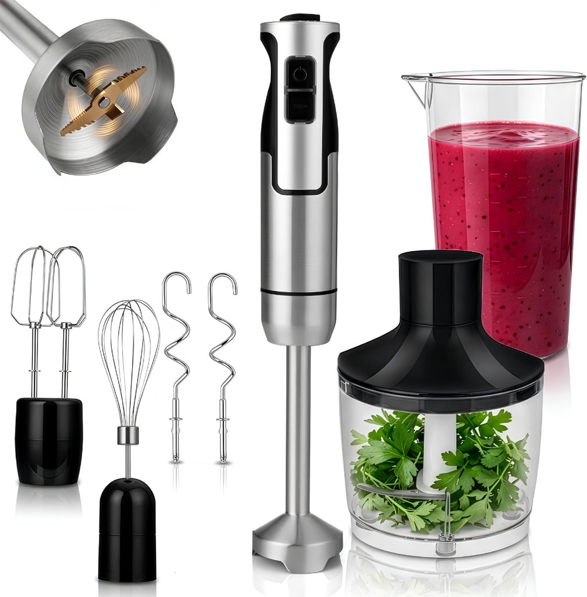 VALI® Staafmixer Set - 1200 W - Staafmixer - Met Hakmolenopstelling - Zilver - 24cm x 18cm x 19cm
