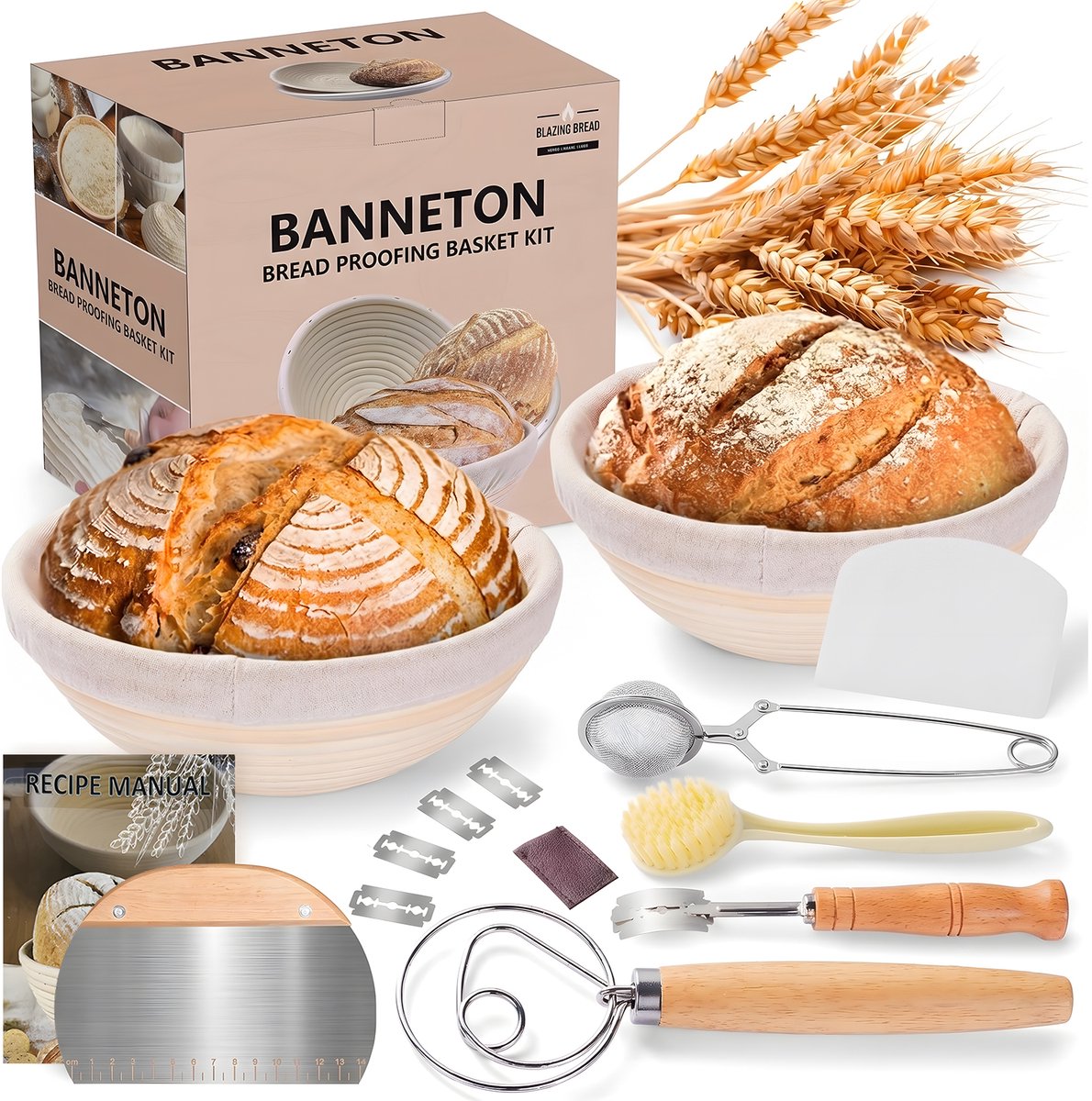 Rijsmandset voor brood - 2 ronde rotan broodrijsmanden 23 x 8 cm met linnen hoezen - bakset met deegschrapers, deegklopper, meelzeef en broodmesje