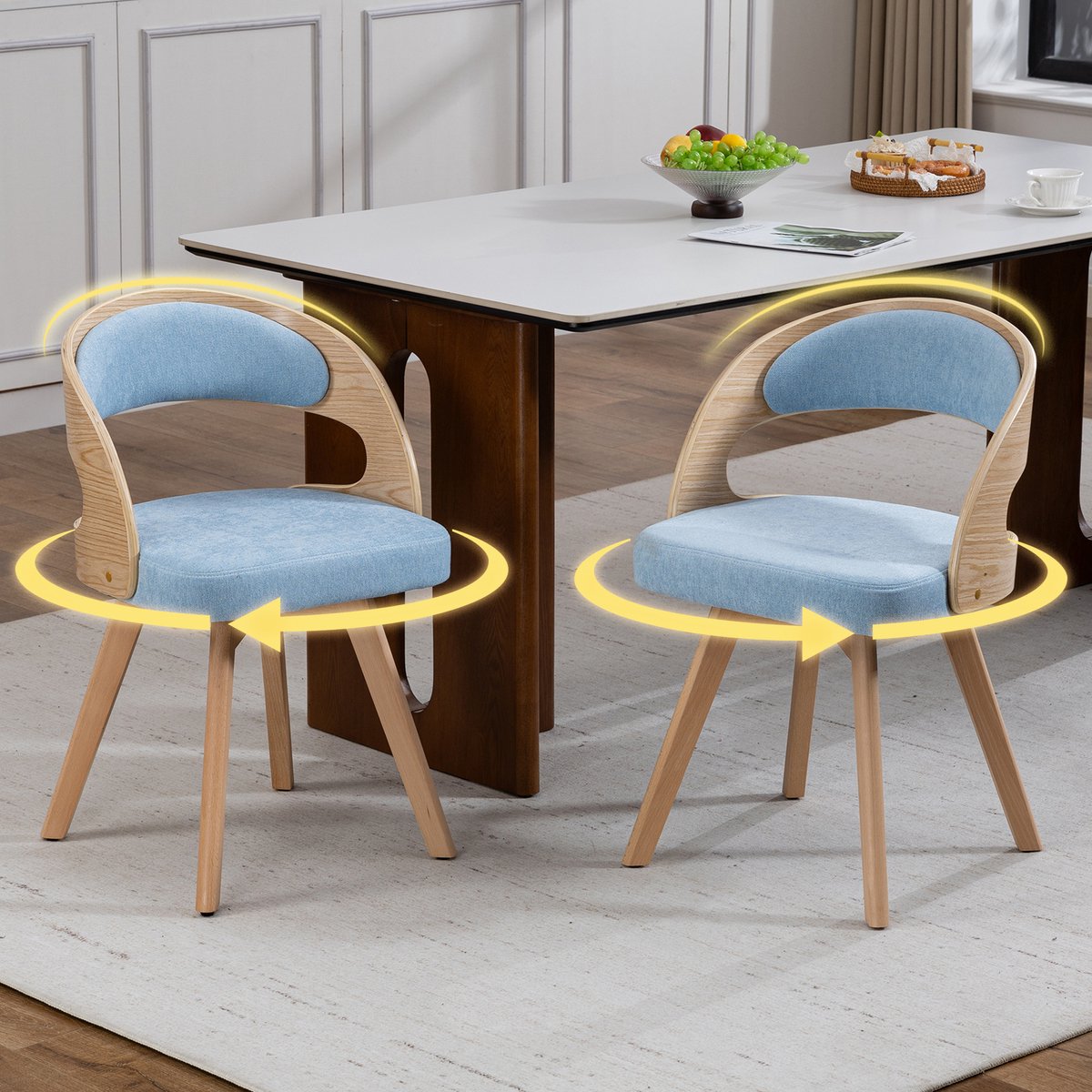 Clruro Eetkamerstoelen - 75 cm - 2 Stuks, 360° Draaibaar - Linnen en Beukenhout - Blauw