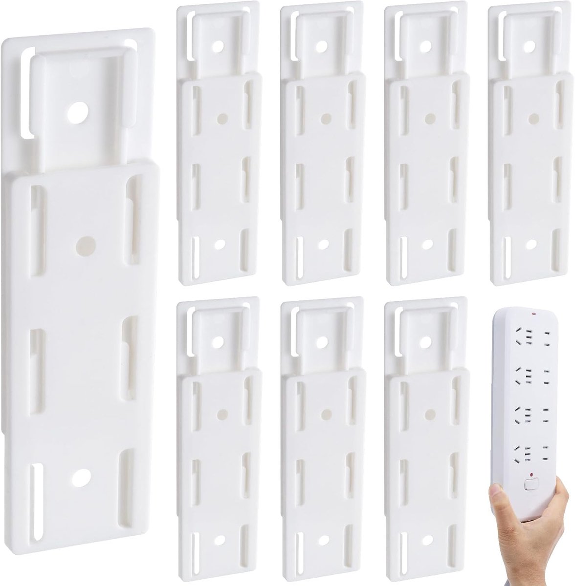 8-stuks Wandgemonteerde stopcontacthouder -Stekkerdooshouder - Power Strip Houder - Stekkerdoos wandbeugel - Zelfklevend, boren is niet nodig - 9.3 × 3.6 cm - Geschikt voor thuis, op kantoor, bij de computer en in de keuken - Wit