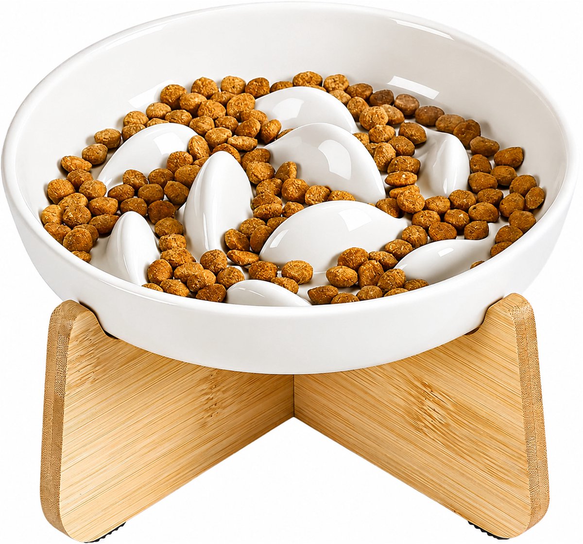 Kaiyaya - 1 Stuks - Voerbak - Keramische Anti-Schrokbak - Verhoogde Bamboe Standaard - Antislip Voerbak - Voor Katten en Kleine Honden Wit 18 cm