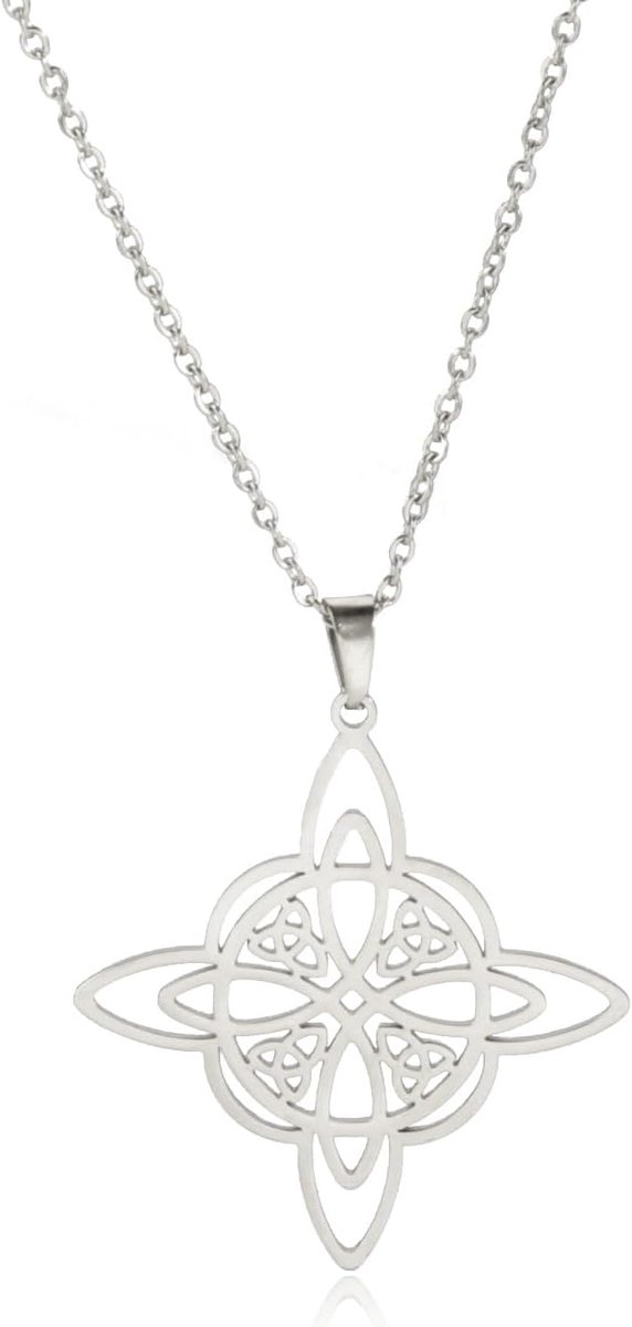 kkjoy Heksenknoopketting, roestvrij staal, magische knoop, heidens Wicca-symbool, hanger, 4-puntige Keltische knoop, hekserij-ketting, geschikt voor dames en meisjes