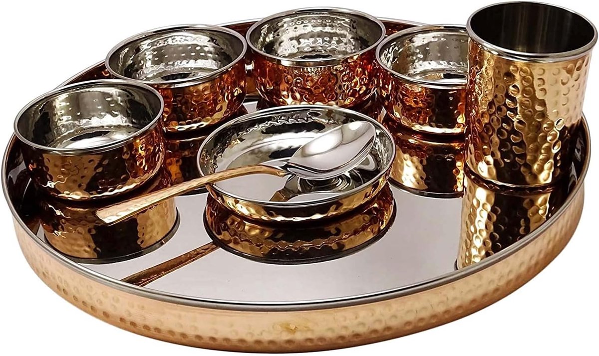 Impex Indiaas servies roestvrij staal koper gehamerd traditioneel servies set Thali borden, kommen, glas en lepel serveerservies voor thuis en keuken