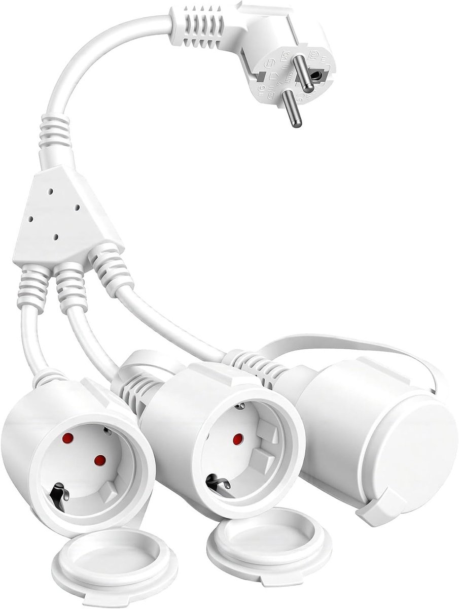 Verlengkabel met 3 Schuko-stopcontacten, dubbele stekker voor stopcontact, meervoudige stekker, outdoor, 3-in-1, IP44 waterdicht, voor thuis en kantoor, wit