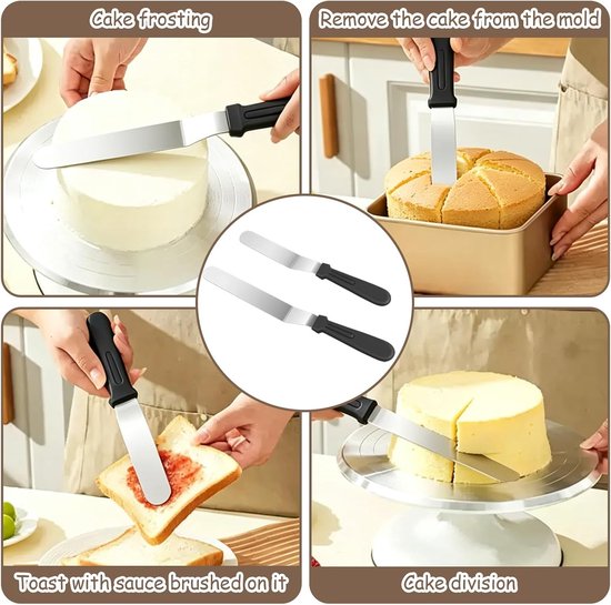 2 stuks, professionele gebogen spatel van roestvrij staal, voor cake, pannenkoeken, decoratie en gladmaken met ergonomische antislip handgreep (zwart) — afbeelding 4