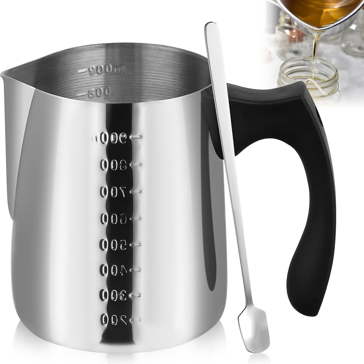 kaarswas, 900 ml, roestvrij staal, wassmeltpot, chocolade smelt, waterbad, smeltschaal, kaarsen maken, pot met schaalverdeling, hittebestendig handvat en lepel