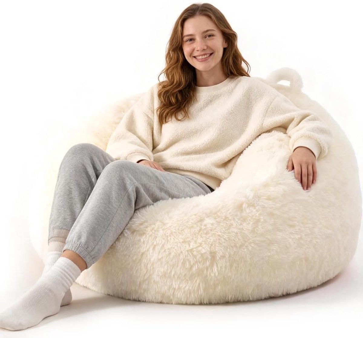 Zitzakhoes (zonder vulling), knuffeldieren-opbergzitzakhoes, speelgoedopslag & beanbag in één, voor slaapkamer en woondecoratie, harige zitzak voor volwassenen (beige)