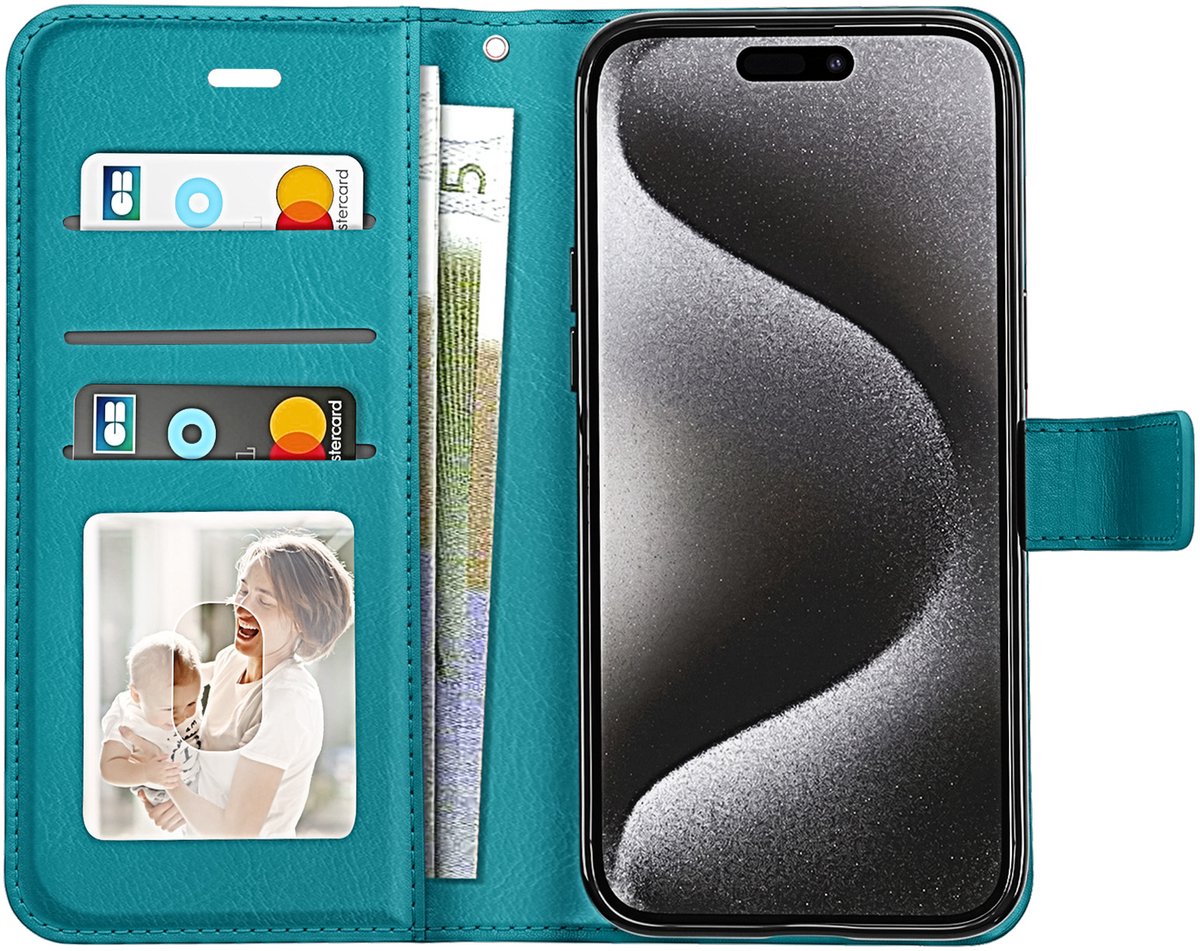 Mayaxess, Portemonnee Etui Geschikt voor Apple iPhone 15 Pro Max met Standaard en Polsbandje, Turquoise