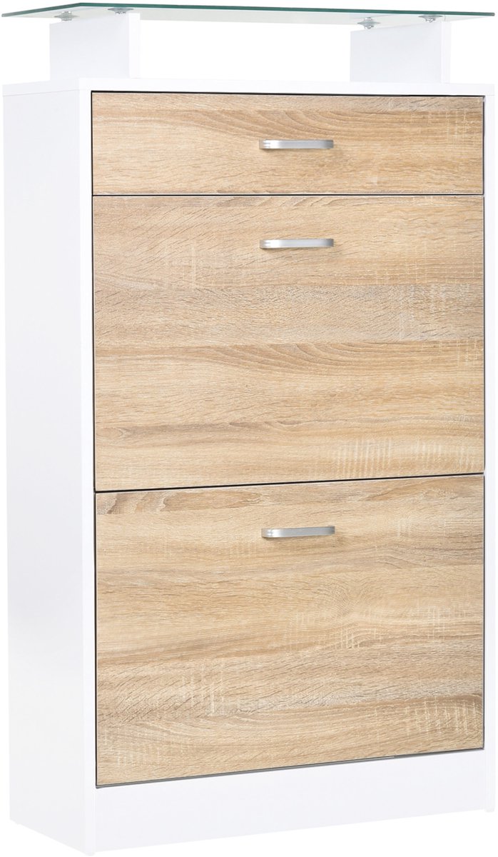Halmeubel met schoenenkast - 60 x 105 x 24 cm - Top glazen plank - houten eiken wit - 2 schuifdeuren 2 kamers