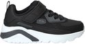 Zwarte sneaker met klittenbandsluiting en veters. Witte zool met grijze accenten. Skechers logo op de zijkant.